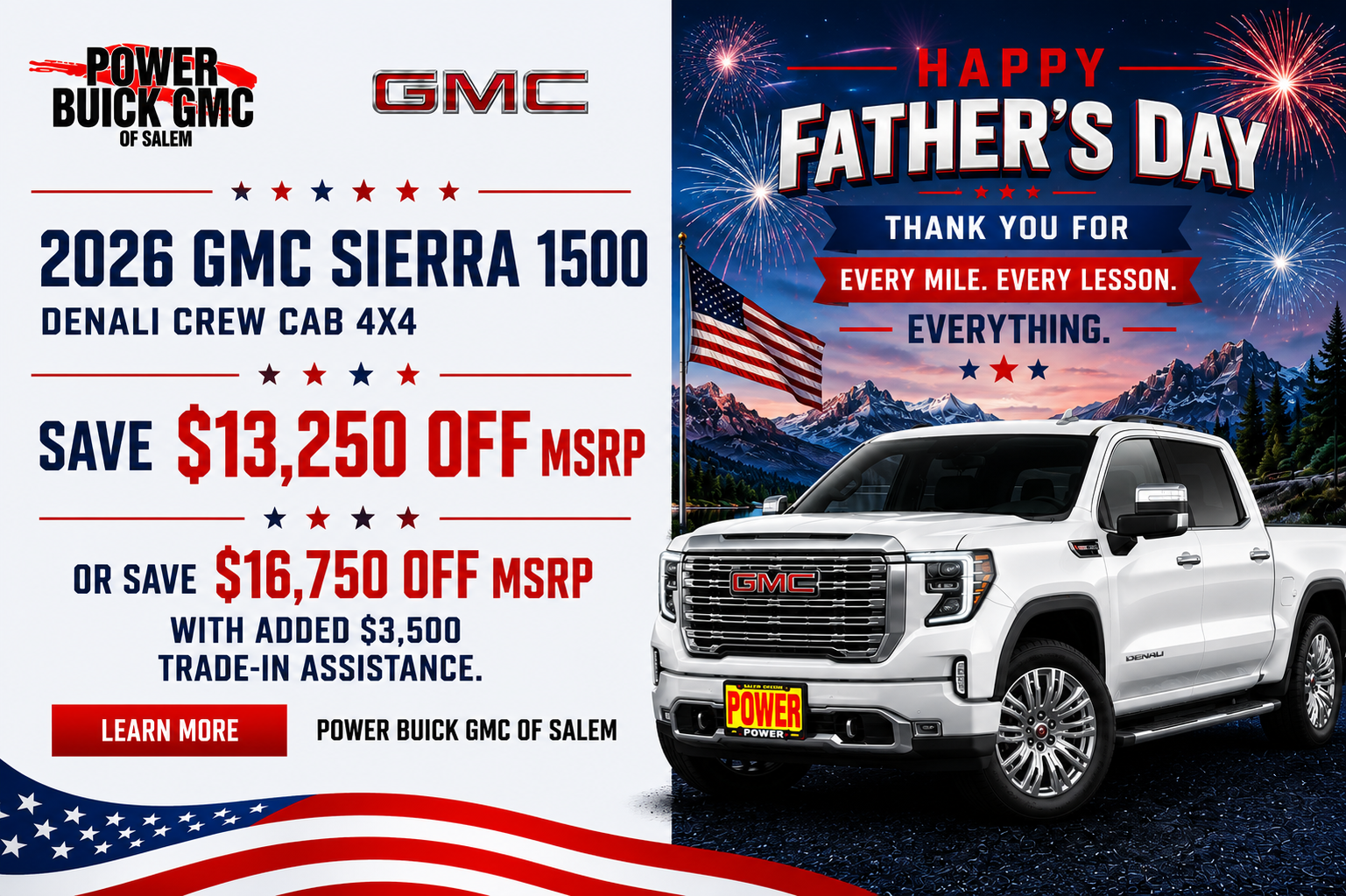 Ad for a 2026 GMC Sierra 1500 Denali Crew Cab 4x4, offering savings up to $16,750.