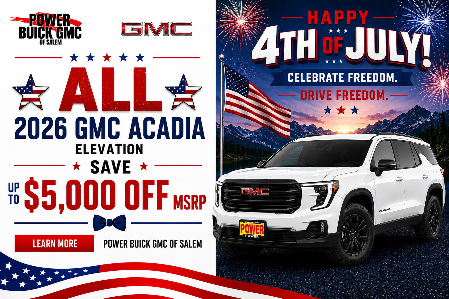 A white 2026 GMC Acadia, American flag, and fireworks promoting a 4th of July sale of up to $5,000 off.