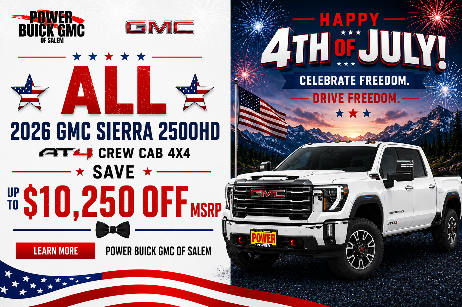Advertisement for a Power Buick GMC sale: Save up to $10,250 on a 2026 GMC Sierra 2500HD AT4 Crew Cab 4x4.