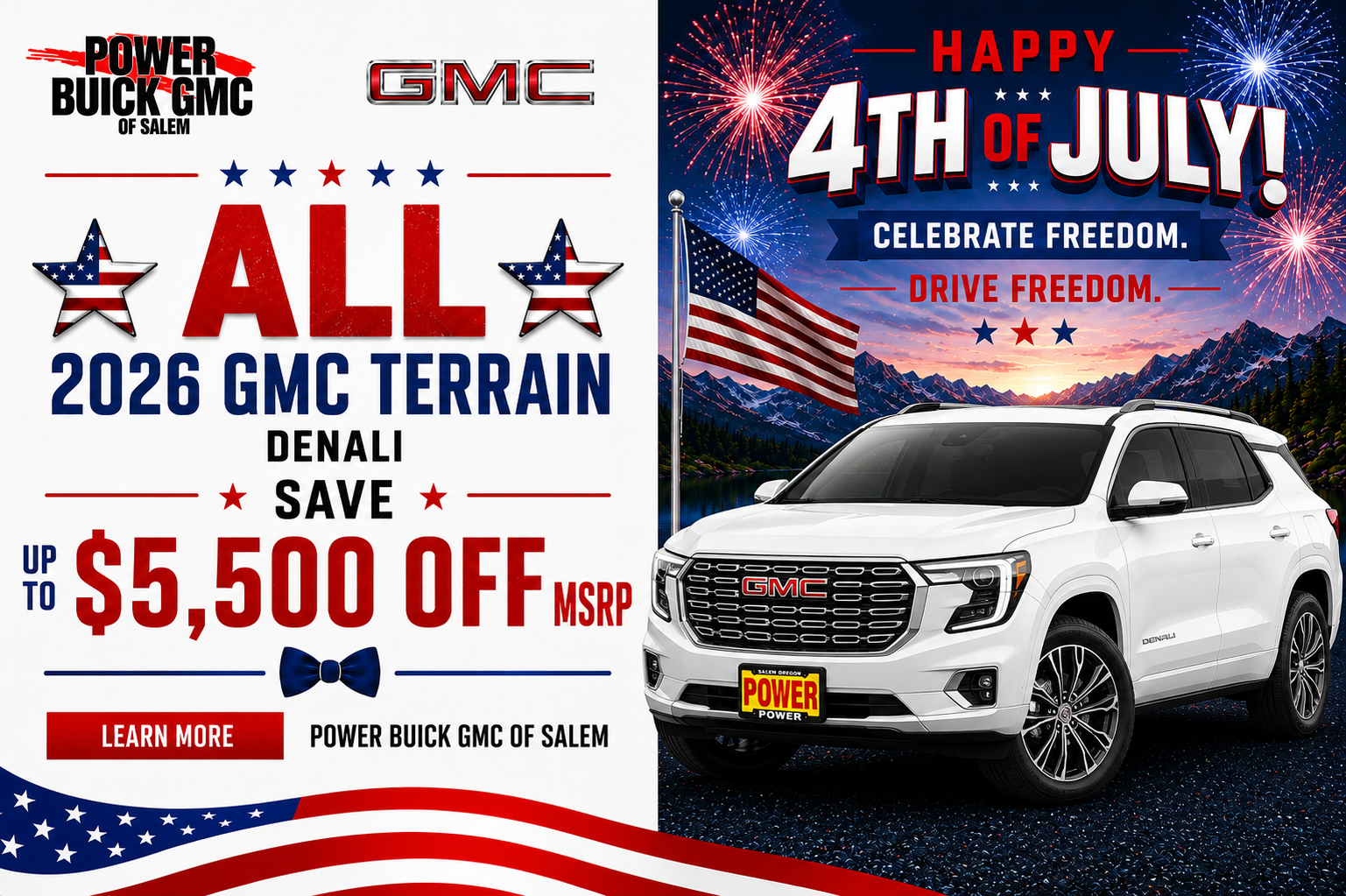 Advertisement for Power Buick GMC of Salem, offering $5,500 off 2026 GMC Terrain Denali models for 4th of July.