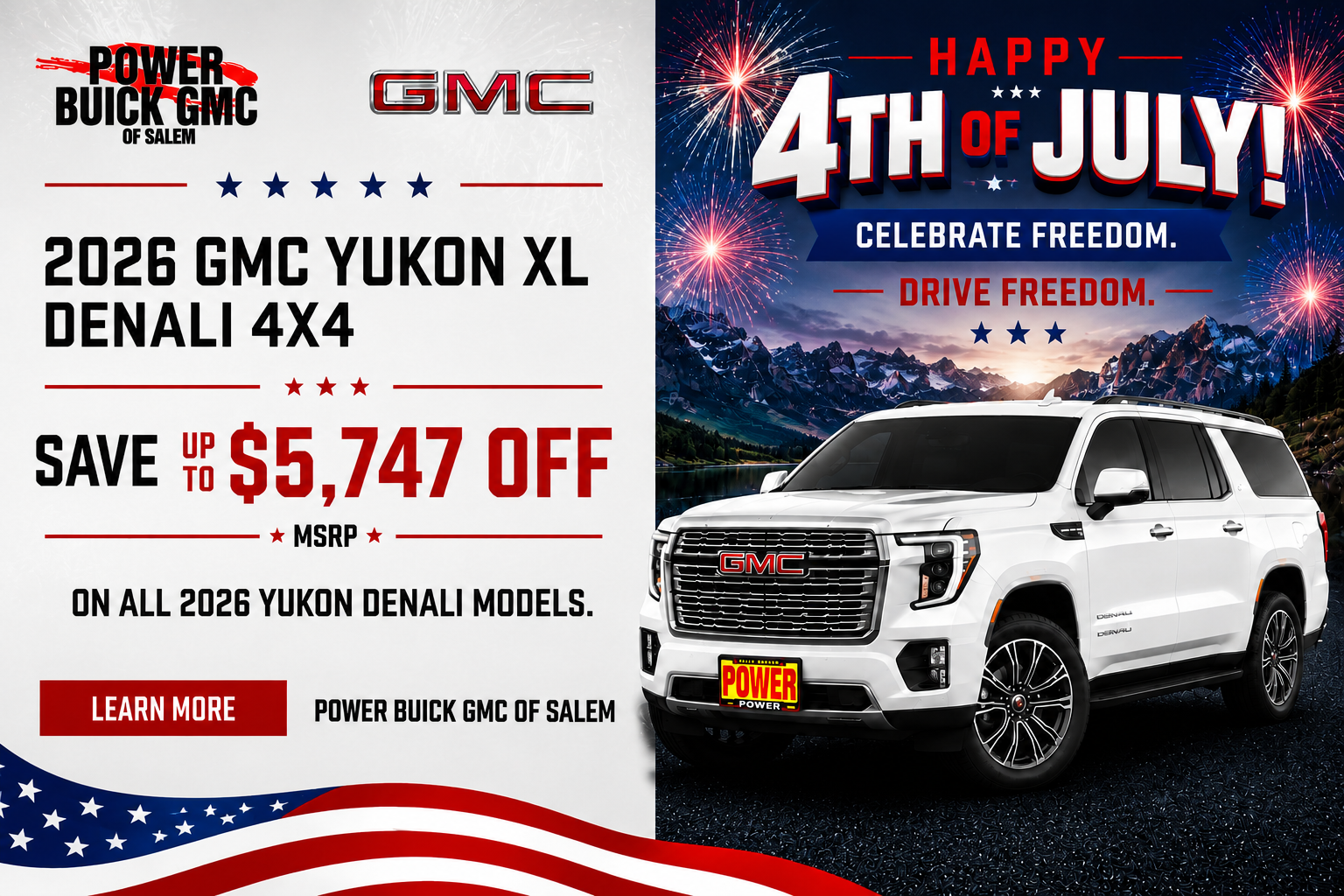 4th of July ad featuring a white 2026 GMC Yukon XL Denali 4x4, fireworks, mountains, and a $5,747 discount.